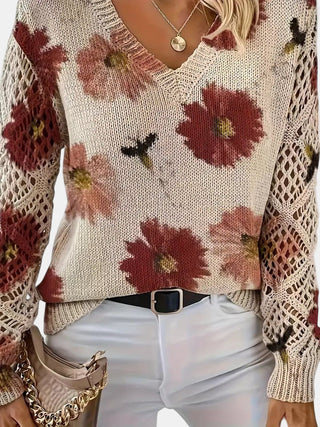 Amelie | Elegancki sweter w kwiatowy wzór z dekoltem w serek