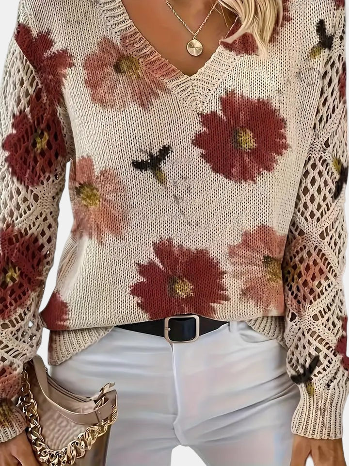 Amelie | Elegancki sweter w kwiatowy wzór z dekoltem w serek