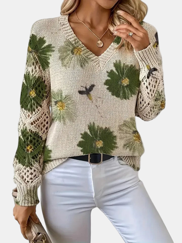 Amelie | Elegancki sweter w kwiatowy wzór z dekoltem w serek