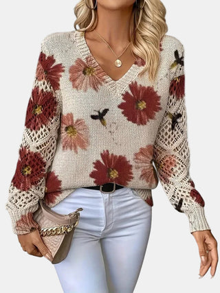 Amelie | Elegancki sweter w kwiatowy wzór z dekoltem w serek