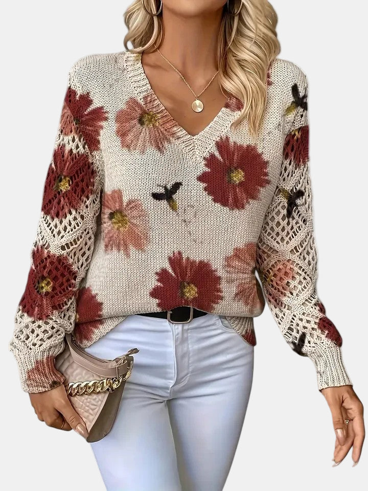 Amelie | Elegancki sweter w kwiatowy wzór z dekoltem w serek