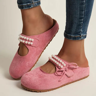 Damskie półbuty Mary Jane z perłową kokardą