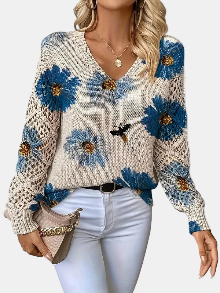 Amelie | Elegancki sweter w kwiatowy wzór z dekoltem w serek