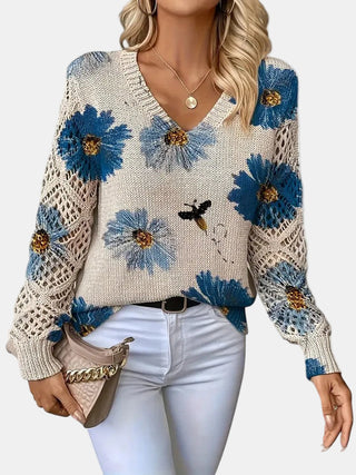 Amelie | Elegancki sweter w kwiatowy wzór z dekoltem w serek