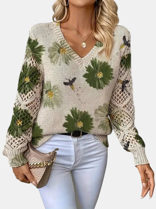 Amelie | Elegancki sweter w kwiatowy wzór z dekoltem w serek