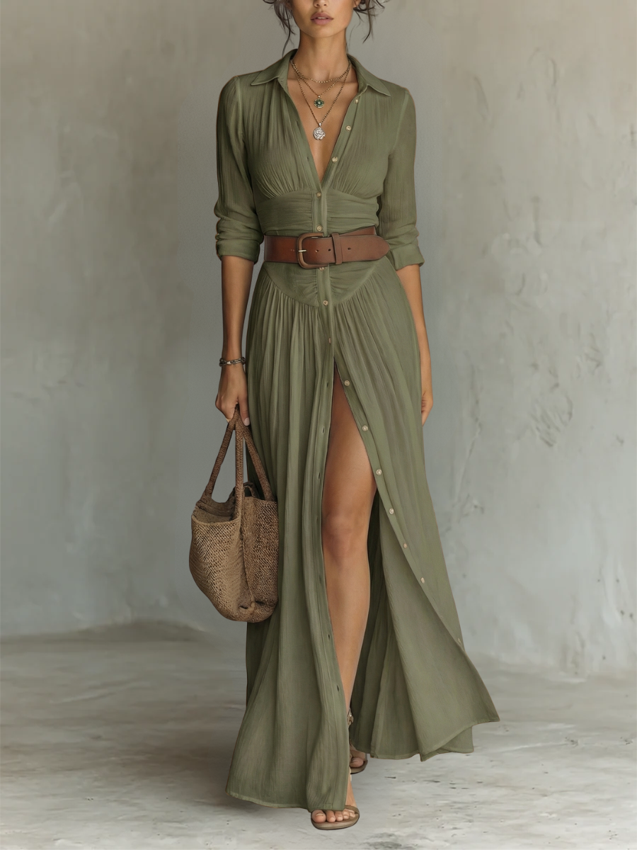 Amelia | Elegancka sukienka maxi z kołnierzem klapowym