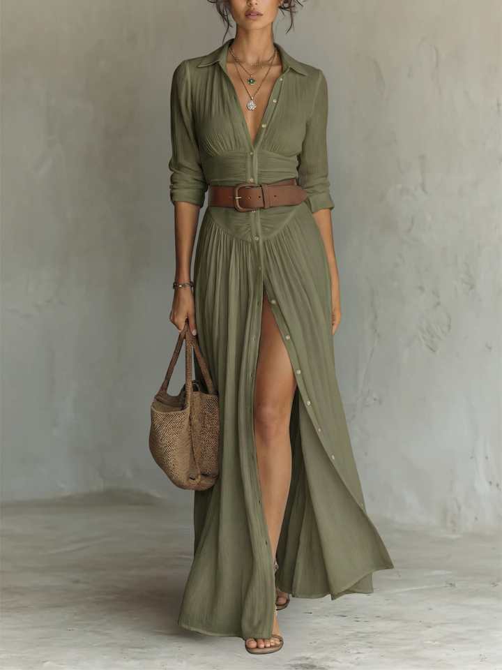 Amelia | Elegancka sukienka maxi z kołnierzem klapowym