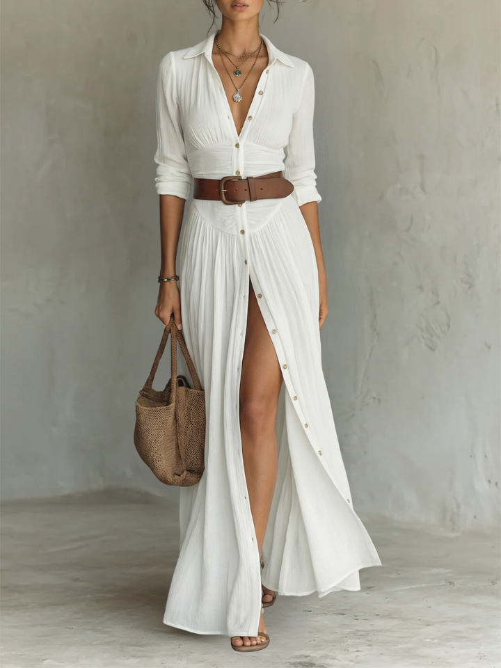 Amelia | Elegancka sukienka maxi z kołnierzem klapowym