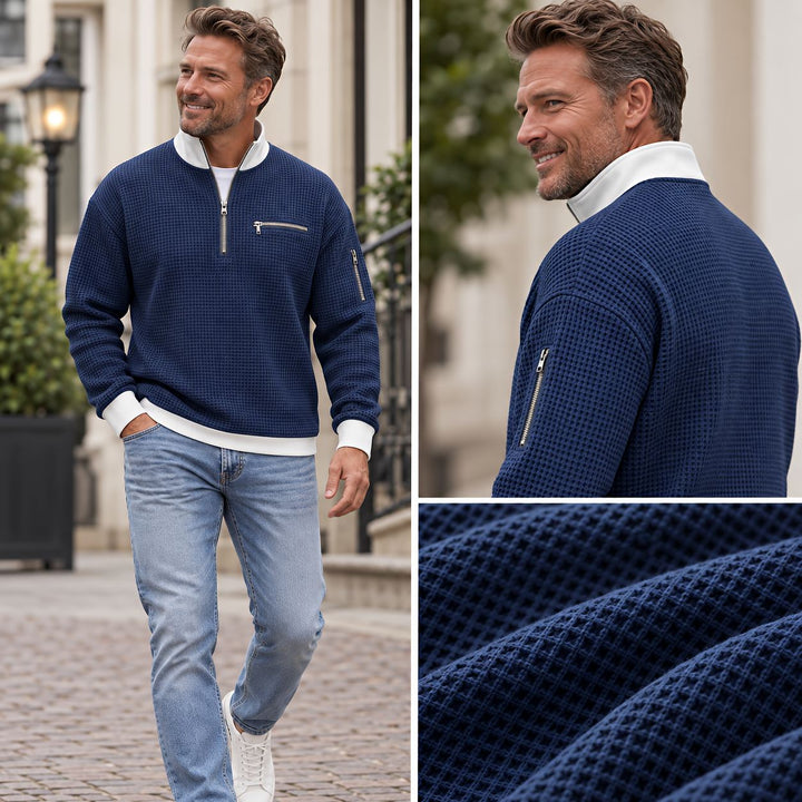 Sweter męski | Sweter z dzianiny waflowej z półzamkiem