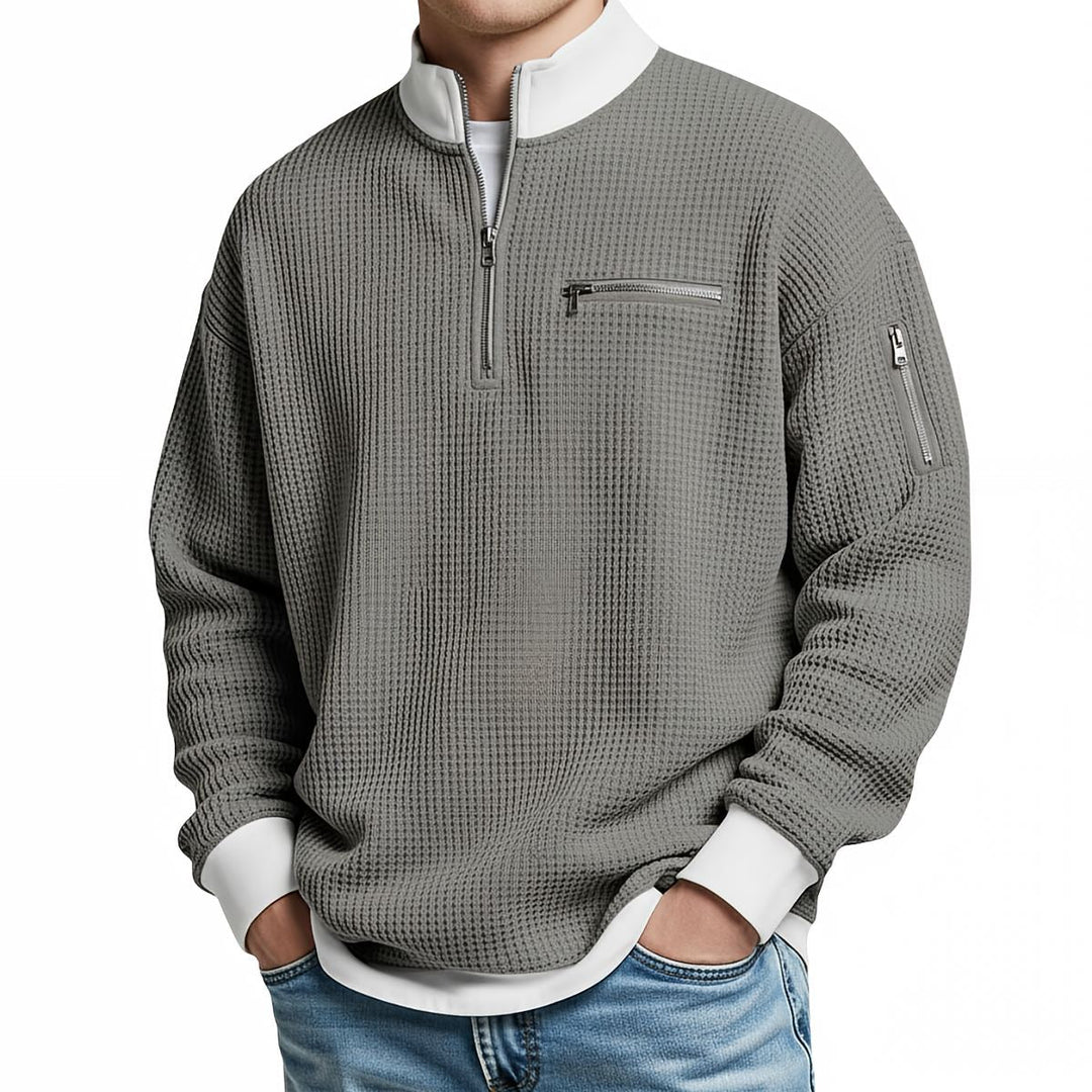 Sweter męski | Sweter z dzianiny waflowej z półzamkiem