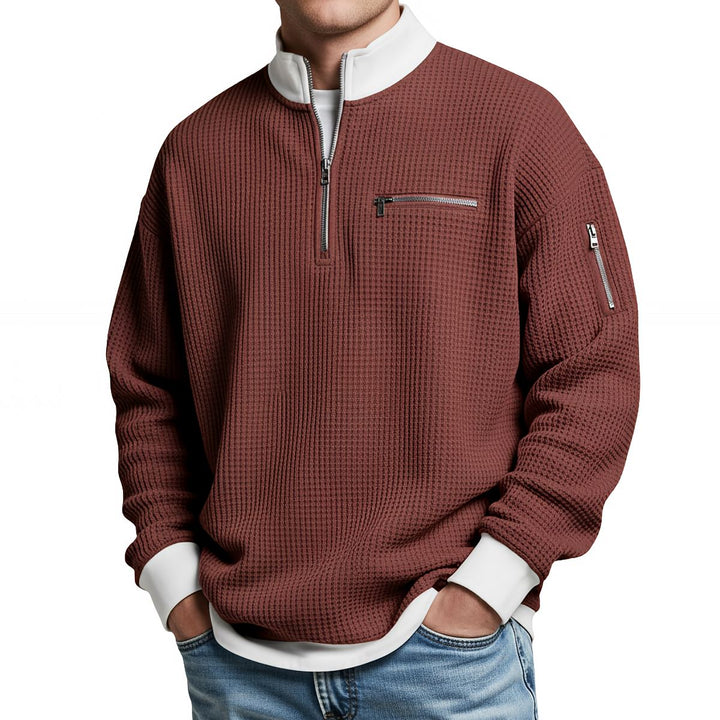 Sweter męski | Sweter z dzianiny waflowej z półzamkiem